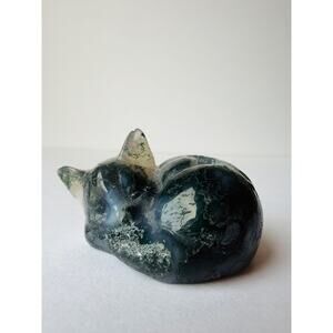 Moss Agate Cat Carving Druzy Crystal Sleeping Cat Figurine Green Stone